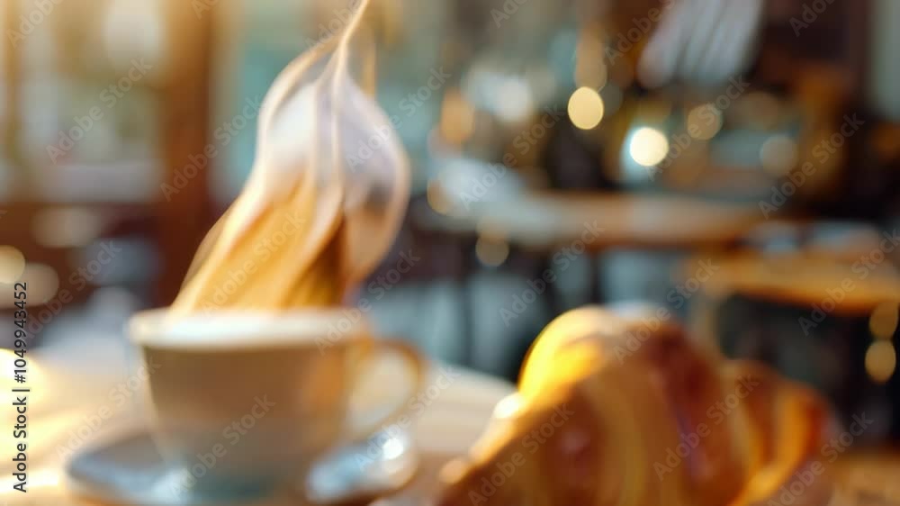 cup of coffee and croissant on red wooden background, coming to defocus. ai generated cup of coffee and croissant on red wooden background, coming to defocus. ai generated