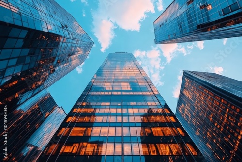 A dynamic image of modern skyscrapers reflecting the sky, viewed from below, capturing the grandeur and dynamism of urban architecture and city life in a bustling metropolis. photo