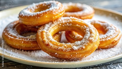 A plate of golden fried donuts dusted with powdered sugar, a sweet treat for any occasion.