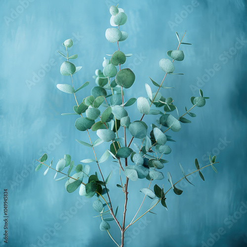 Eucalyptus plant and blue mixed background.