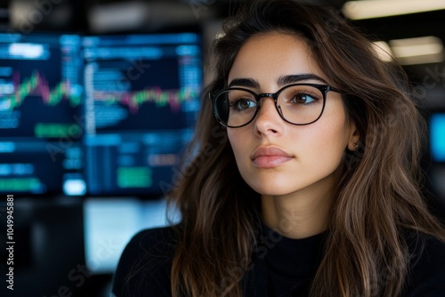 A young woman in glasses is concentrating on financial market data displayed on monitors, embodying focus, intelligence, and professional determination.