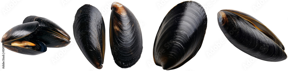 A collection of black mussels displayed in multiple orientations, showcasing their shiny, smooth shells with unique textures, perfect for culinary presentations or educational purposes