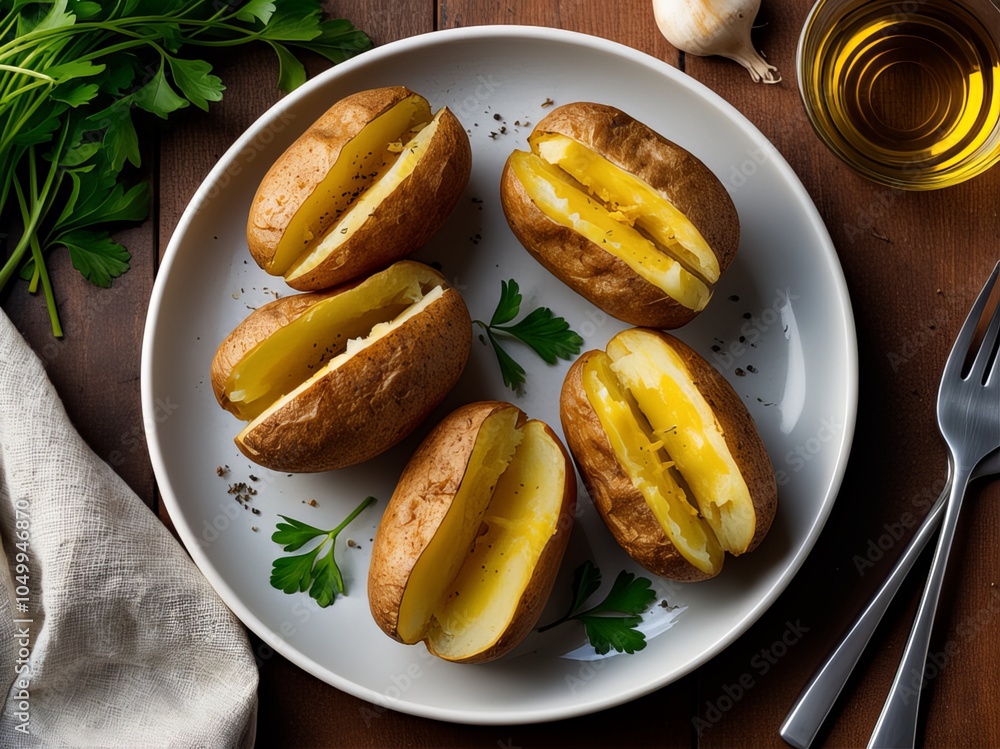 Simple baked potatoes split open with butter and garnished with fresh parsley on a white plate. Simple baked potatoes split open with butter and garnished with fresh parsley on a white plate.