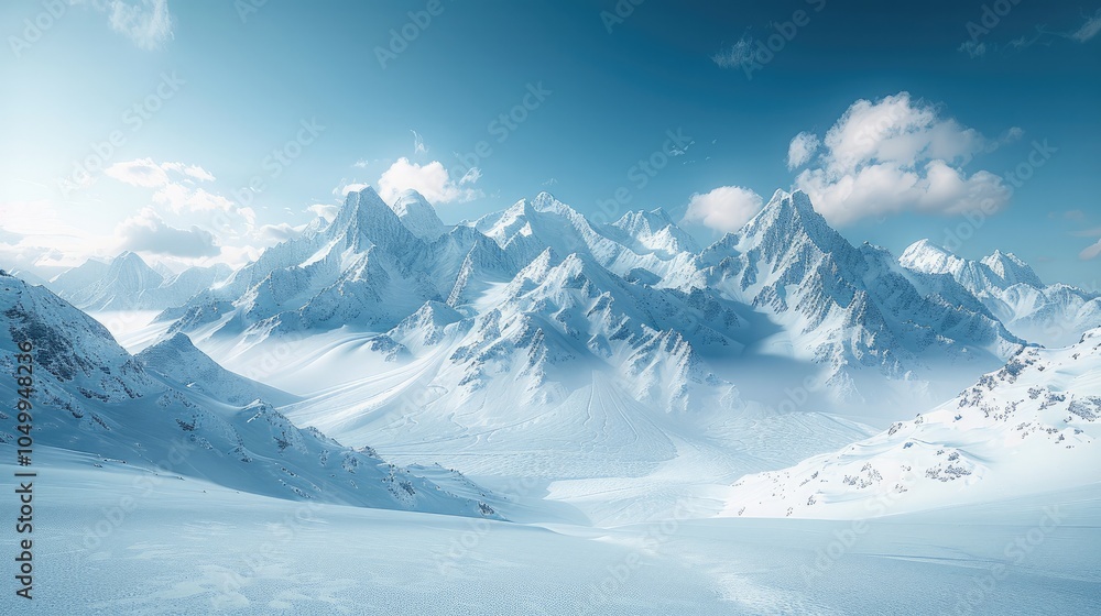 Obraz premium Snow-covered mountains against a blue sky, fresh powder blanketing the ground.