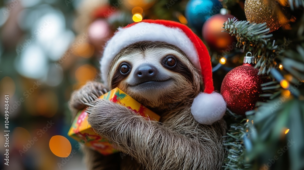 Fototapeta premium Adorable close-up of a smiling sloth wearing a Santa hat, holding a wrapped Christmas gift in its claws.