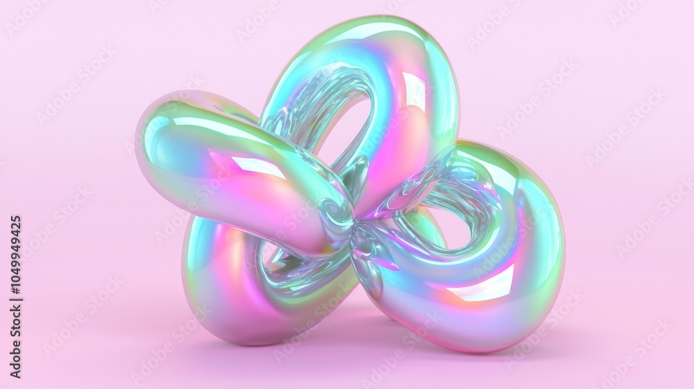 Naklejka premium Vibrant Y2K Holographic 3D Shapes Aesthetic Background | Creative 3D Render with Glossy Shapes Interwoven in Rainbow Colors