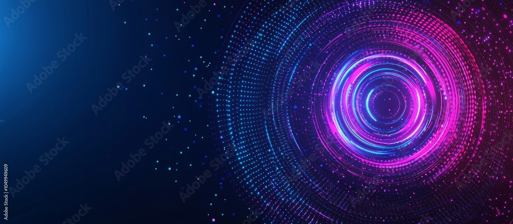 On a blue gradient background, there is a circular spiral vortex icon with circular halos and abstract lighting effects On a blue gradient background, there is a circular spiral vortex icon with circular halos and abstract lighting effects