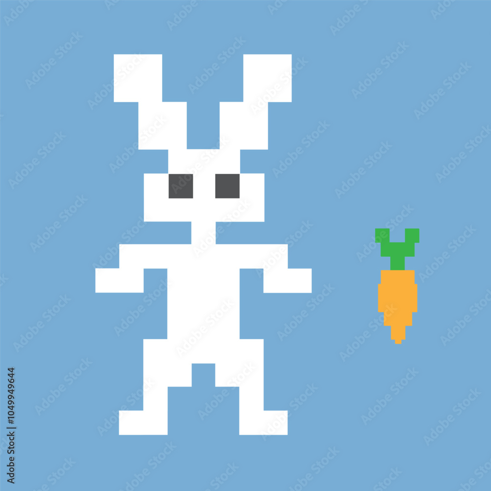 Fototapeta premium Pixelated hare with carrot isolated on blue background.