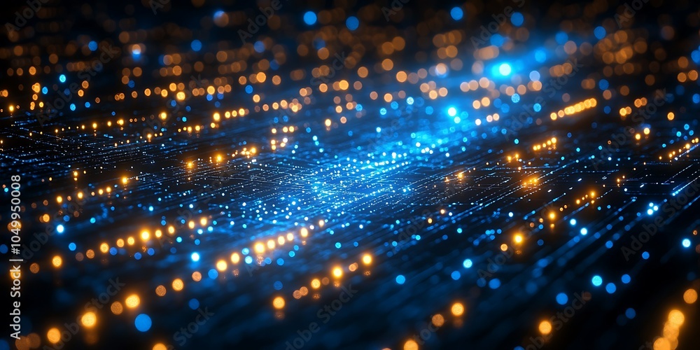 Fototapeta premium Abstract digital landscape with glowing blue and orange lights.