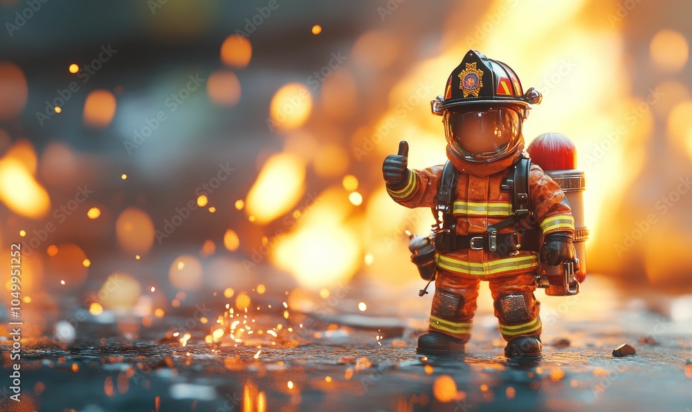 Firefighter gives thumbs up in front of fire. Firefighter gives thumbs up in front of fire.