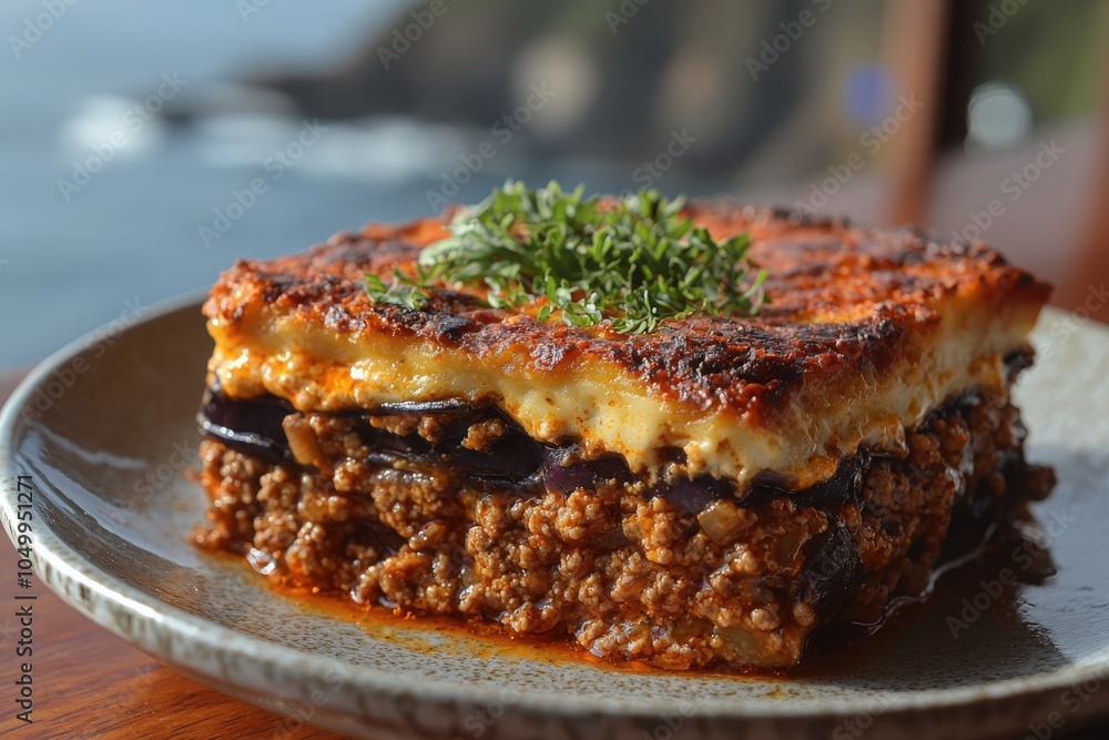 Delicious homemade moussaka served on a plate with a scenic coastal view Delicious homemade moussaka served on a plate with a scenic coastal view