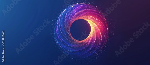 On a blue gradient background, there is a circular spiral vortex icon with circular halos and abstract lighting effects