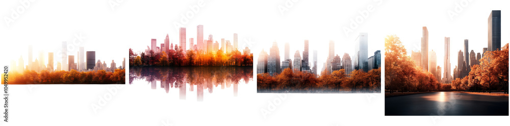 Obraz premium The vibrant hues of autumn foliage contrast with the fading daylight as the skyline reflects beautifully on the calm lake, enhancing the tranquil atmosphere of the scene isolated PNG isolated PNG