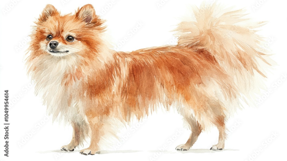 Obraz premium A charming watercolor artwork of a Pomeranian dog standing alertly, painted in soft earth tones with fluffy, well-detailed fur and cute expression. White background emphasizes the dog adorable shape