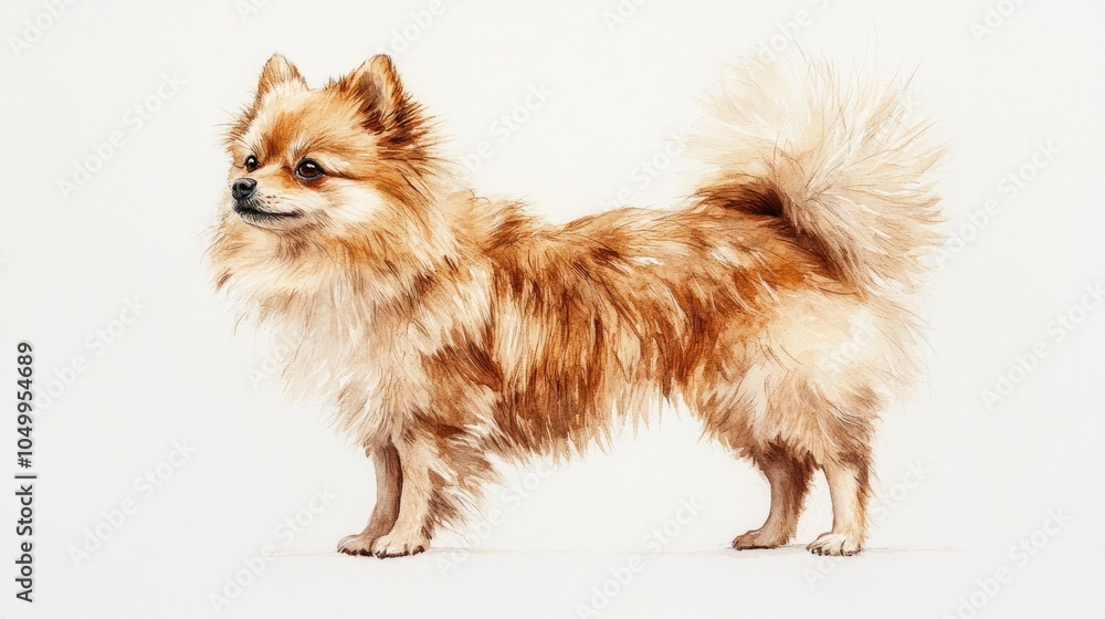 Obraz premium A charming watercolor artwork of a Pomeranian dog standing alertly, painted in soft earth tones with fluffy, well-detailed fur and cute expression. White background emphasizes the dog adorable shape