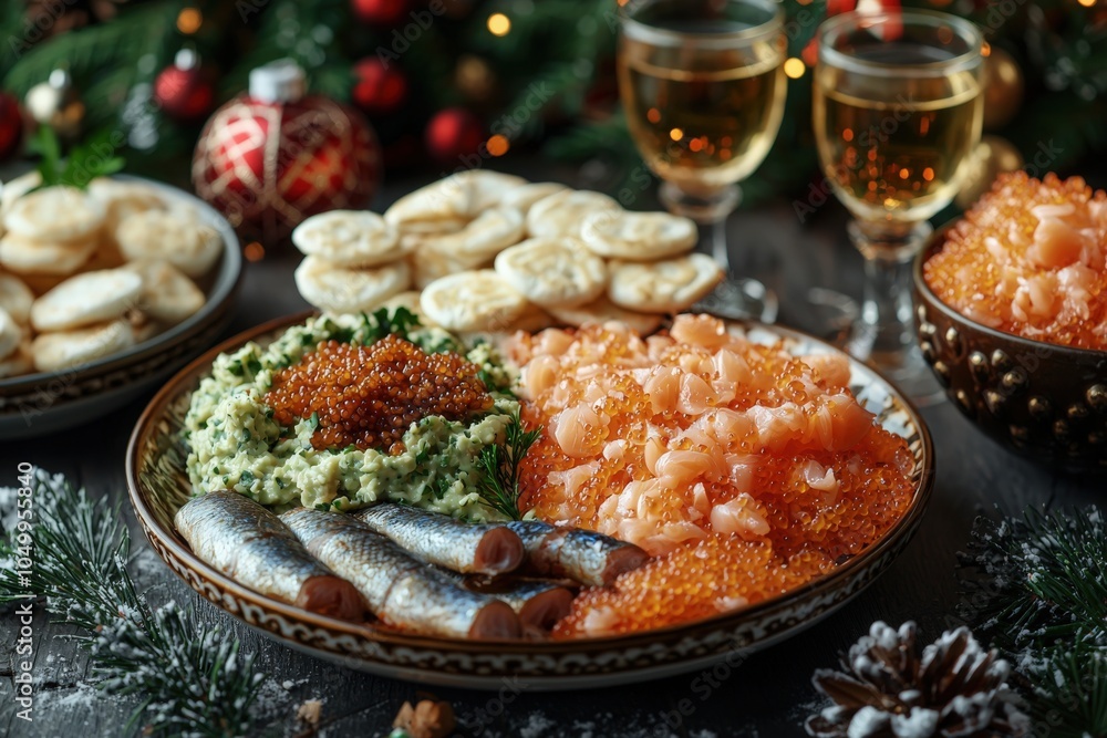 Festive holiday platter featuring seafood, appetizers, and drinks on a decorated table Festive holiday platter featuring seafood, appetizers, and drinks on a decorated table