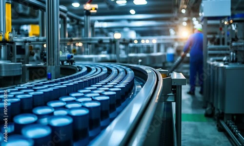 Wallpaper Mural Conveyor Belt with Blue Cylinders in a Factory Setting Torontodigital.ca