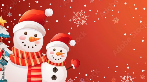 Cute Red Christmas Snowmen on Abstract Background