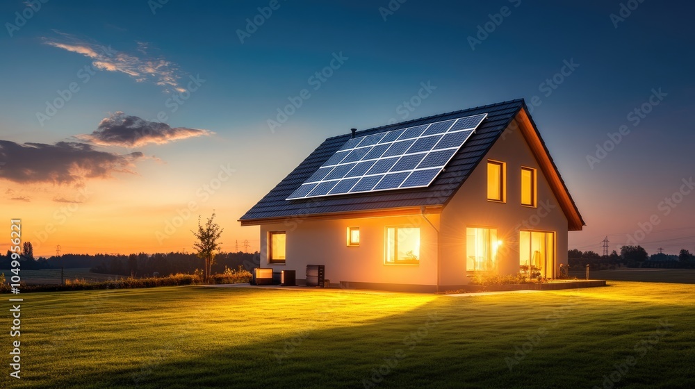 Cozy Home Illuminated by Solar Energy at Twilight Cozy Home Illuminated by Solar Energy at Twilight