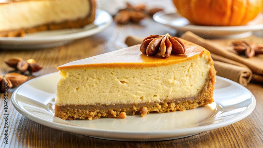 A slice of creamy pumpkin cheesecake with a star anise garnish, resting on a white plate and a rustic wooden table A slice of creamy pumpkin cheesecake with a star anise garnish, resting on a white plate and a rustic wooden table