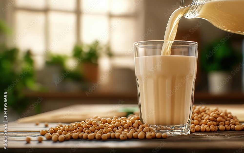 Glowing, golden soy milk being poured into a glass, with soybeans spilling around the table in a warm kitchen setting Glowing, golden soy milk being poured into a glass, with soybeans spilling around the table in a warm kitchen setting