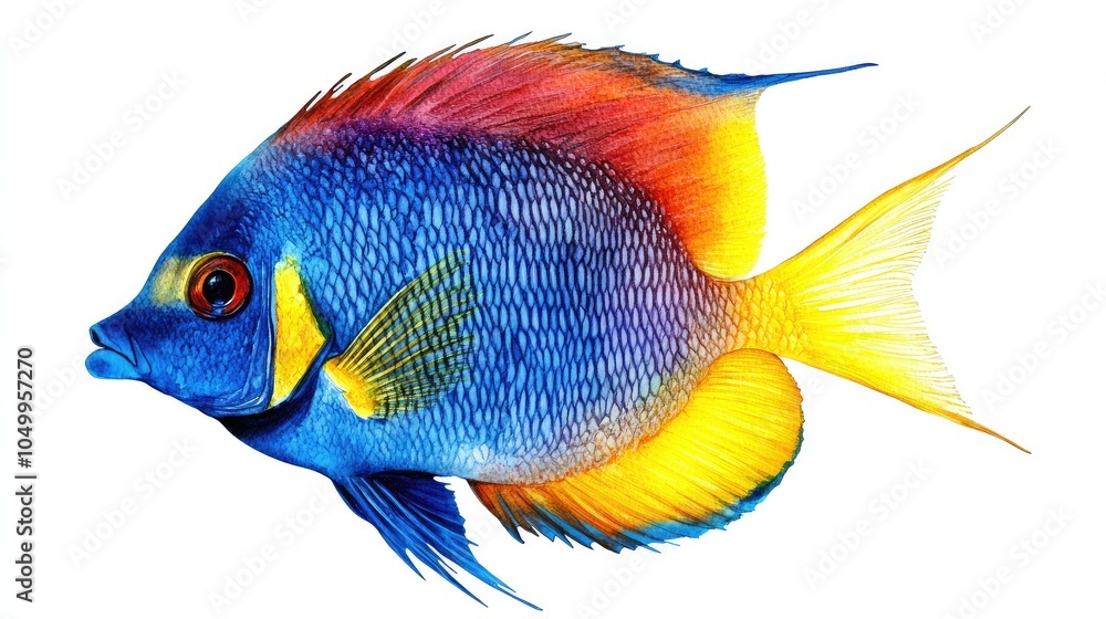 Fototapeta premium A colorful watercolor image of a tropical fish in bright shades of blue, yellow, and red, painted with fine details and isolated on a white background for a vibrant look