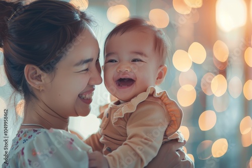 A mother lovingly holds her laughing infant, both basking in a wash of soft, warm light, capturing an affectionate and joyous exchange between the two in a cozy setting. photo