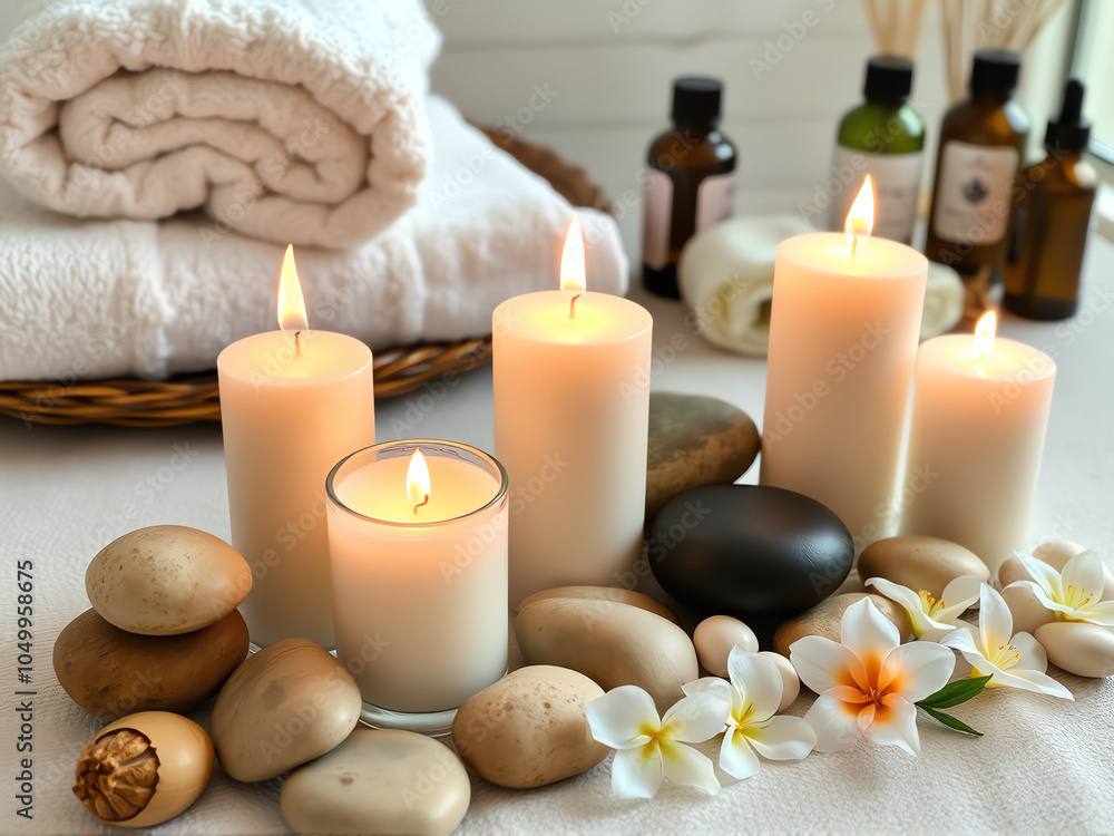 1. A serene arrangement of candles and stones on a table, complemented by neatly placed towels, creating a calming atmosphere. 1. A serene arrangement of candles and stones on a table, complemented by neatly placed towels, creating a calming atmosphere.