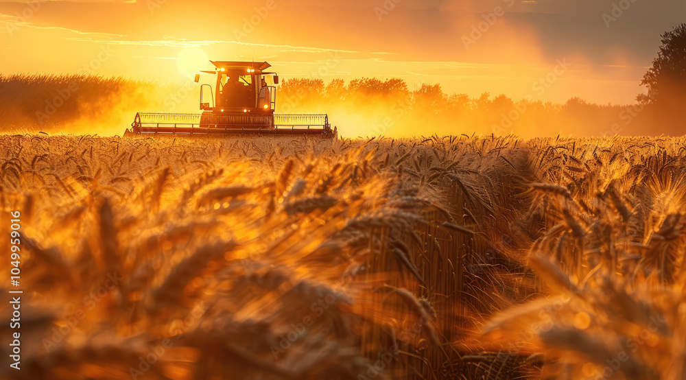 A header harvesting wheat golden hour, and the wheat is ripe and ready for harvest. A header harvesting wheat golden hour, and the wheat is ripe and ready for harvest.
