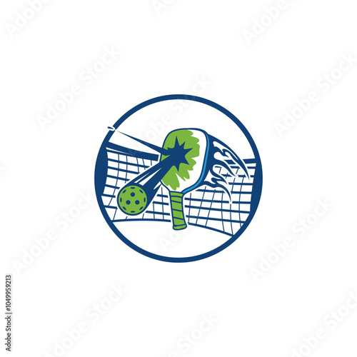 The logo features a pickleball racket hitting a ball with an explosive effect, depicting speed and power. The racket and ball are green with blue accents,