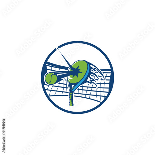 The logo features a padel racket hitting a ball with an explosive effect, depicting speed and power. The racket and ball are green with blue accents,