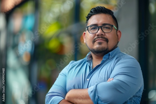 A confident man stands with arms crossed wearing glasses and a blue shirt, expressing professionalism and self-assurance in a softly lit outdoor setting.