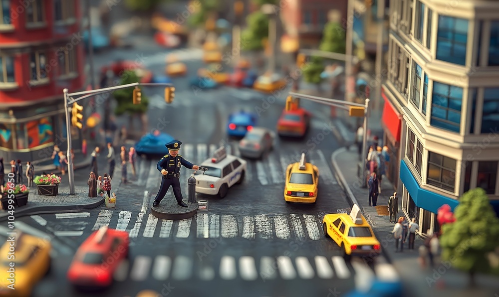 Miniature city scene with police officer directing traffic. Miniature city scene with police officer directing traffic.
