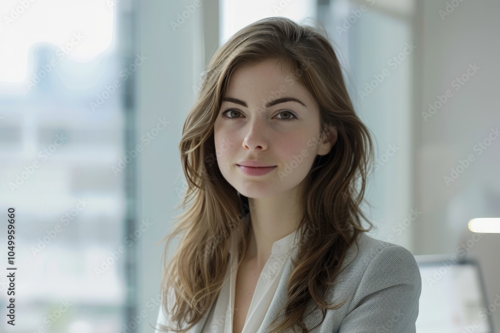 A young professional woman stands confidently in an office, exuding intelligence and poise, with gentle lighting highlighting her composed demeanor. A young professional woman stands confidently in an office, exuding intelligence and poise, with gentle lighting highlighting her composed demeanor.