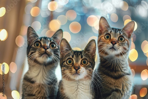 Three adorable kittens with wide eyes look curiously at the camera, surrounded by colorful bokeh lights, showcasing cuteness and playfulness in a whimsical setting.