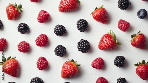 A vibrant arrangement of strawberries, blackberries, and raspberries on a white background.