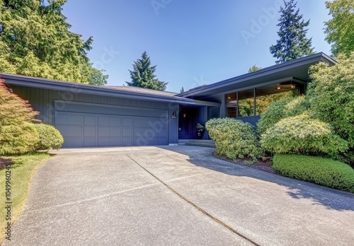 A modern two-story home with blue-gray and white tones, and lots of natural light, on an urban lot with a large driveway and double garage