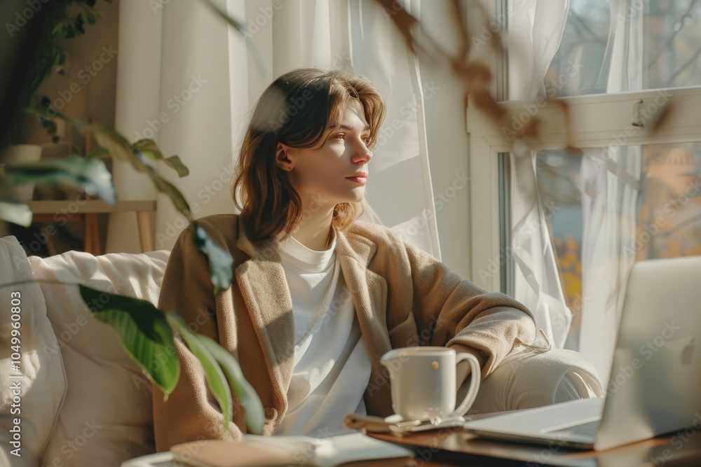 A woman sits peacefully by a window, surrounded by natural light and cozy elements, immersed in contemplation and reflection in a serene living space. A woman sits peacefully by a window, surrounded by natural light and cozy elements, immersed in contemplation and reflection in a serene living space.
