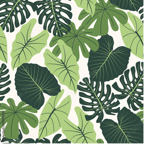 Abstract seamless tropical pattern with bright plants and leaves on pastel background. Seamless pattern with colorful leaves and plants. Summer colorful hawaiian seamless pattern with tropical plants.