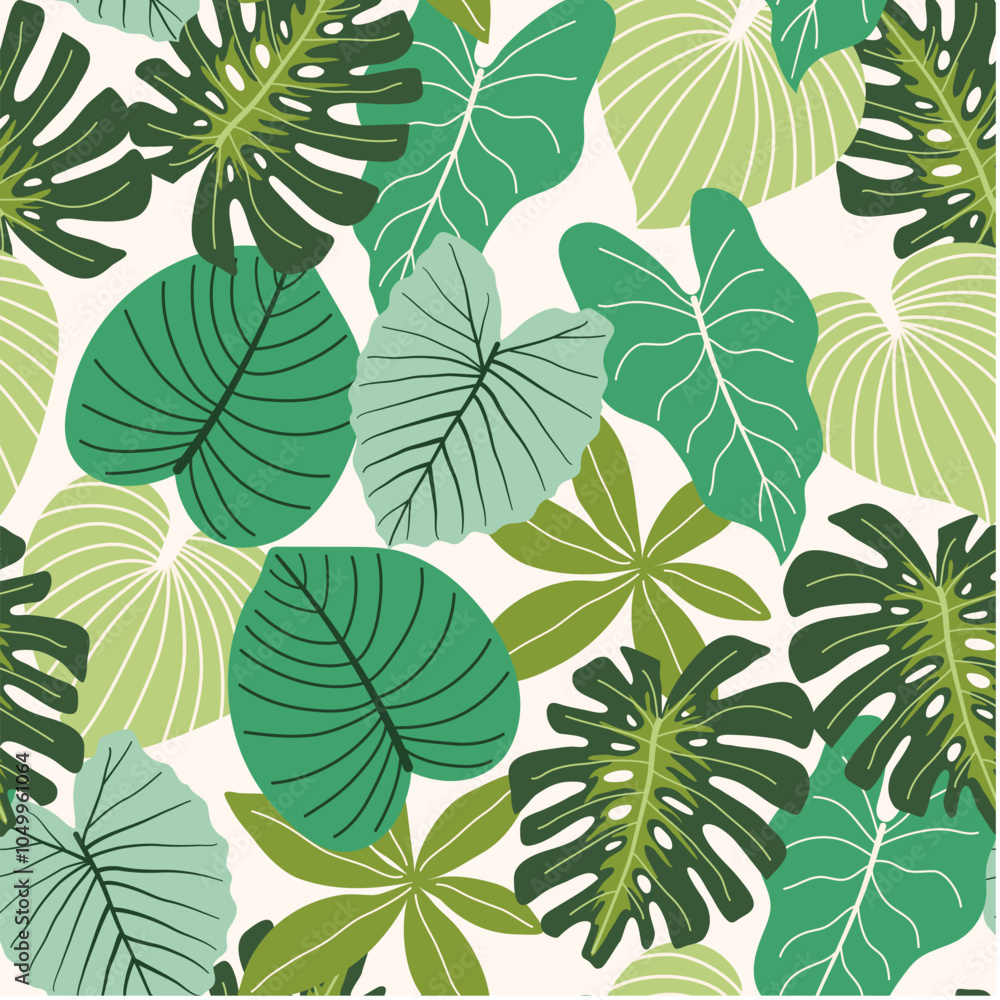 Fototapeta premium Abstract seamless tropical pattern with bright plants and leaves on a white background. Beautiful print with hand drawn floral plants. Jungle leaf seamless vector floral pattern background.