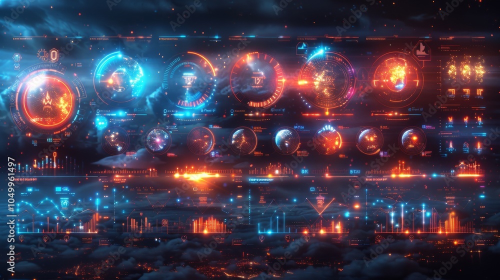 Fototapeta premium Devise a neon set of atmospheric pressure symbols, including shining