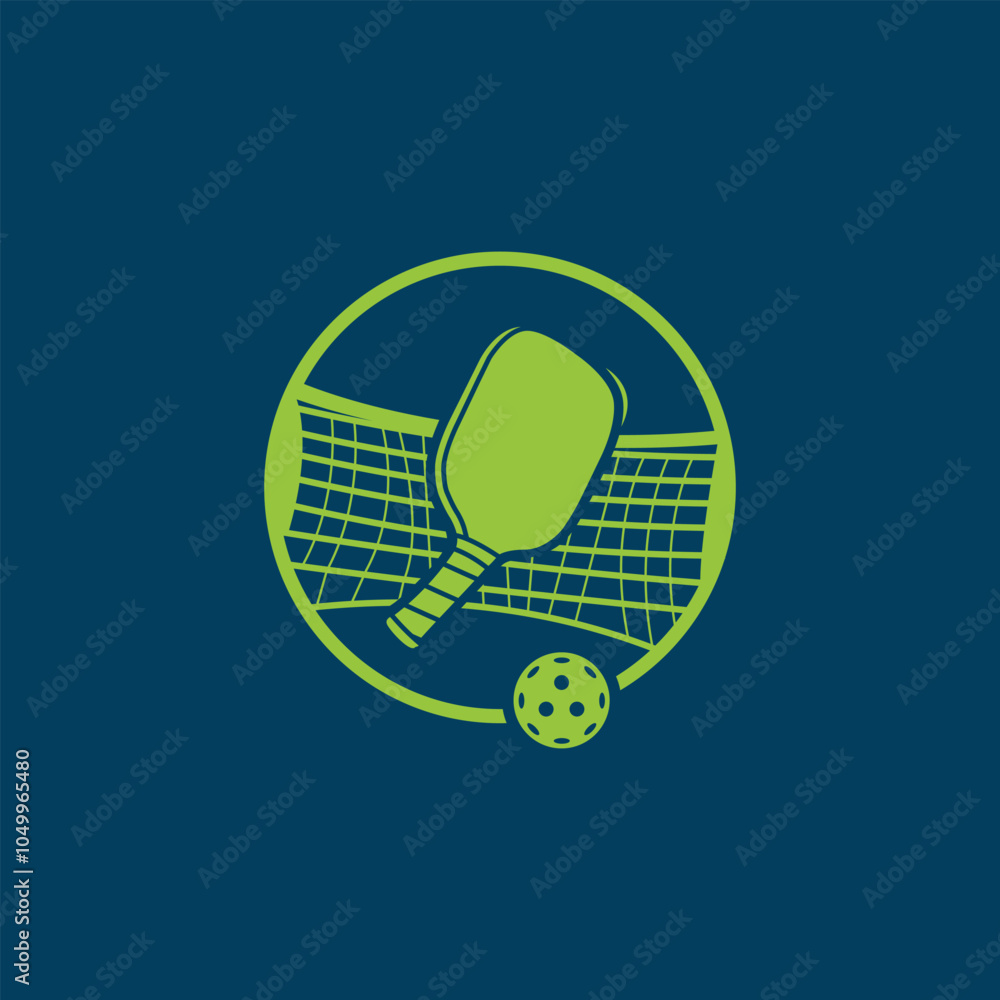 The logo features a green pickleball racket inside a circle, with a ball at the bottom. Behind the racket, there is a net that represents the court. The bright green contrasts with the dark blue backg The logo features a green pickleball racket inside a circle, with a ball at the bottom. Behind the racket, there is a net that represents the court. The bright green contrasts with the dark blue backg