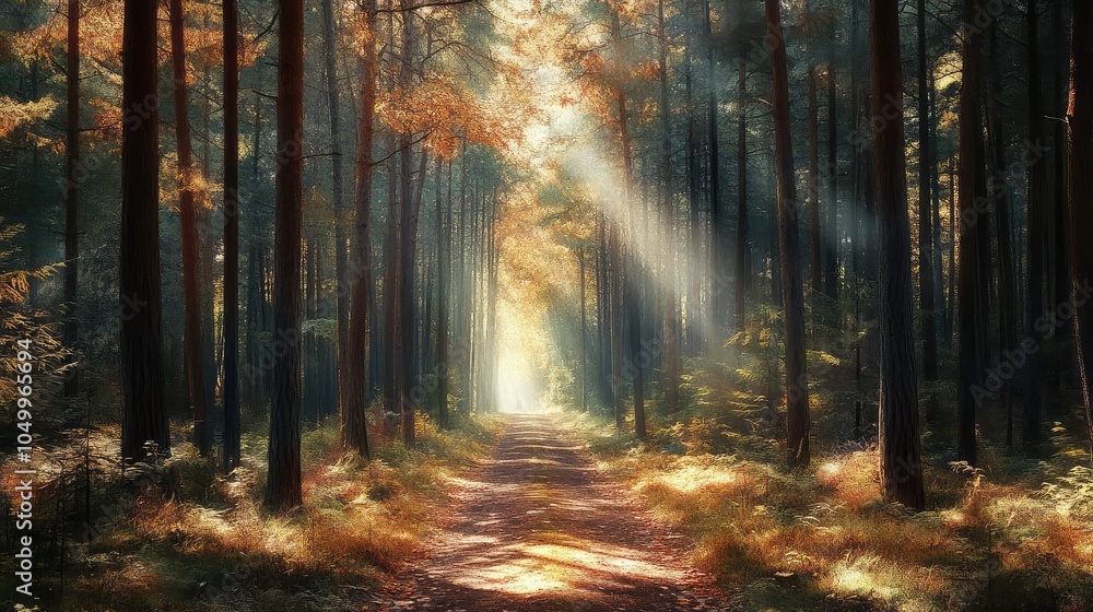 Fototapeta premium A calm forest path lined with tall trees, leading to a secluded spot where sunlight filters through the leaves, creating a serene ambiance
