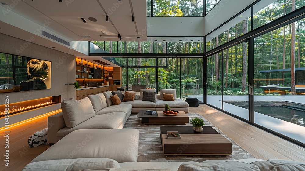 Obraz premium A luxury living room with large floor-to-ceiling glass windows, offering a stunning view of a dense green forest. The interior has a spacious, open-concept design with high ceilings.