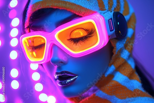 A stylish model with neon glasses and a colorful hoodie, illuminated by vibrant lights against a soft backdrop. photo