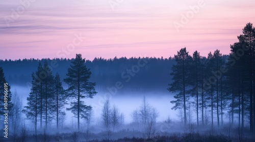 A calm misty forest at twilight, with the fog settling between the trees and the last rays of light casting a gentle glow over the scene