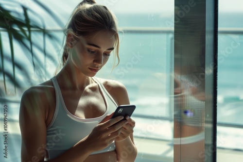 A fit woman stands by a window overlooking the sea, intently focused on her smartphone, embodying a moment of modern connectivity amidst a serene view.