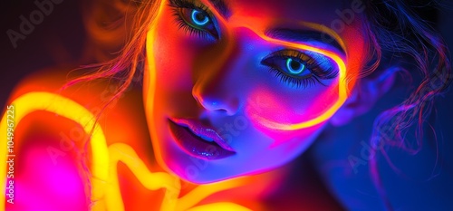 A vibrant portrait of a woman with neon light effects highlighting her features.