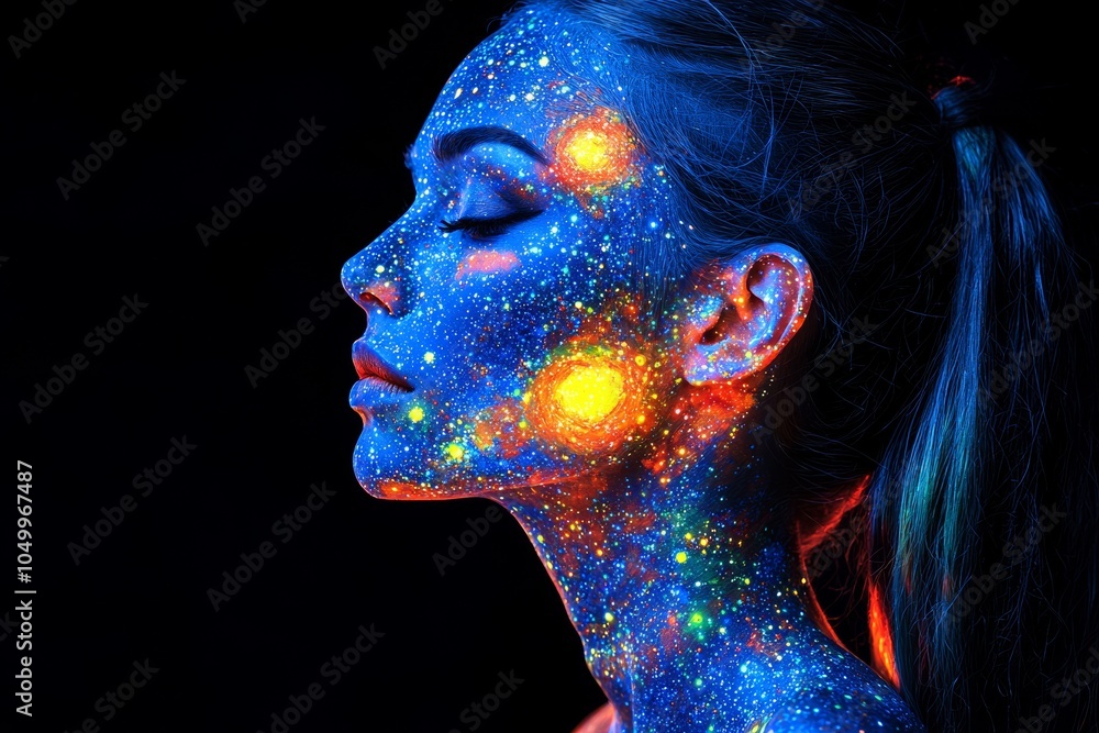A woman with galaxy-themed body paint, showcasing stars and colors on her face against a dark background. A woman with galaxy-themed body paint, showcasing stars and colors on her face against a dark background.