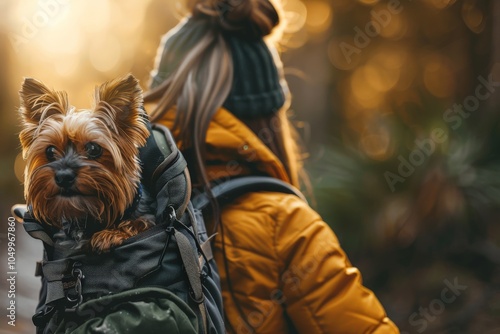 A woman wearing a yellow jacket and carrying a backpack with a small dog hikes in a sunlit forest, enjoying nature and adventure during an autumn day. photo